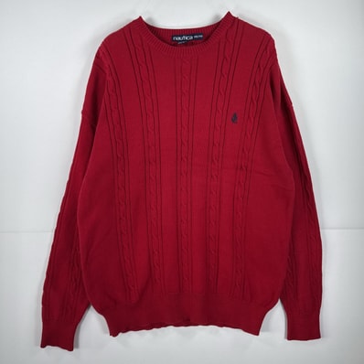 古着 90's/90年代 ノーティカ NAUTICA ニット ケーブルニット セーター ワンポイント 大きいサイズ 14041 レッド メンズ