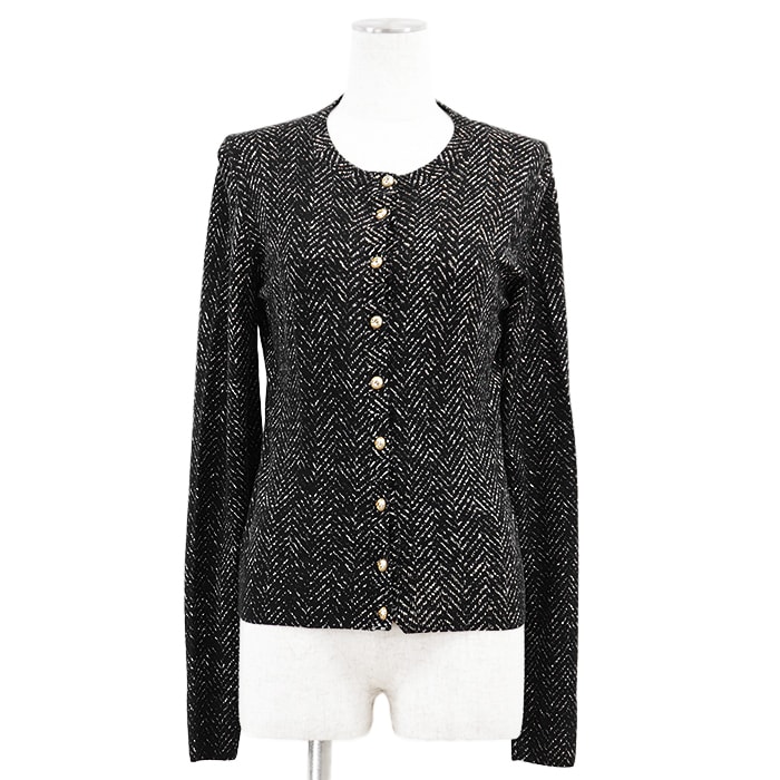 SALE【美品】DOLCE&GABBANA ドルチェアンドガッバーナ ニットカーディガン ノーカラー DG ロゴボタン ヘリンボーン 杉綾模様 ウール100% ロングスリーブ 長袖 トップス レディース サイズ 38 ブラック ホワイト 黒 白 イタリア製