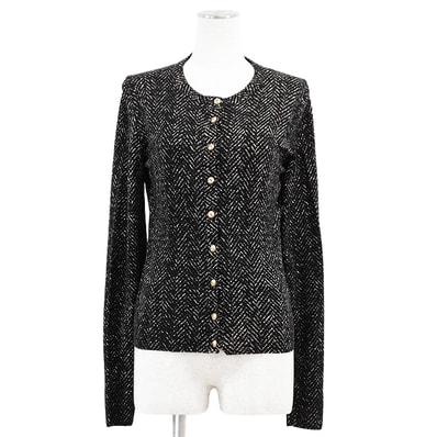 SALE【美品】DOLCE&GABBANA ドルチェアンドガッバーナ ニットカーディガン ノーカラー DG ロゴボタン ヘリンボーン 杉綾模様 ウール100% ロングスリーブ 長袖 トップス レディース サイズ 38 ブラック ホワイト 黒 白 イタリア製