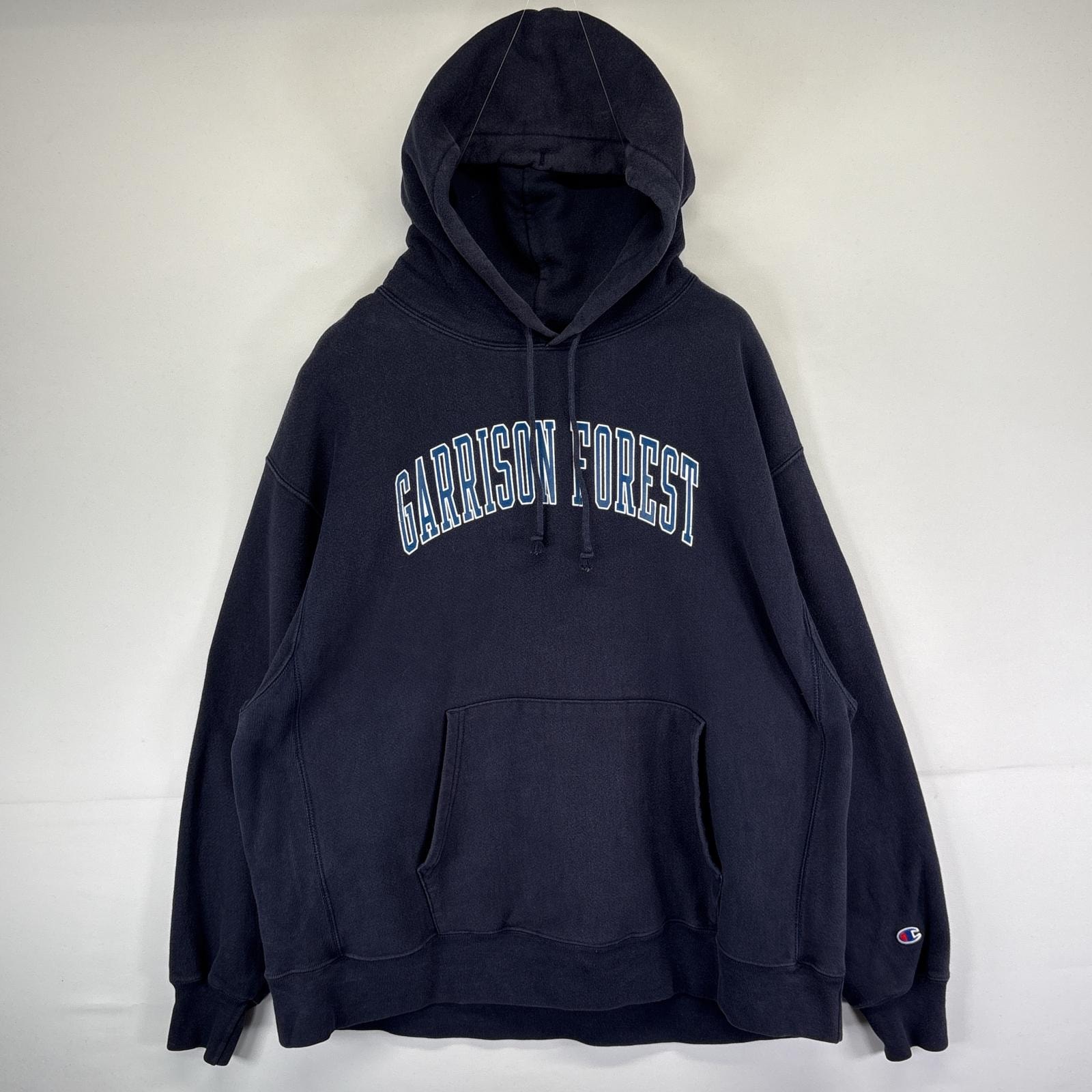 古着 チャンピオン Champion パーカー スウェット リバースウィーブ 大きいサイズ ロゴプリント プルオーバー 2XL ネイビー メンズ