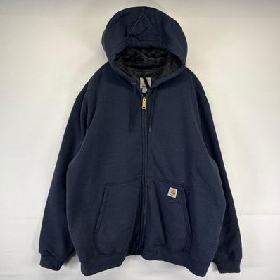 古着 カーハート Carhartt パーカー フルジップ 裏地付き 中綿 ワンポイントロゴ 大きいサイズ 2XL ネイビー メンズ