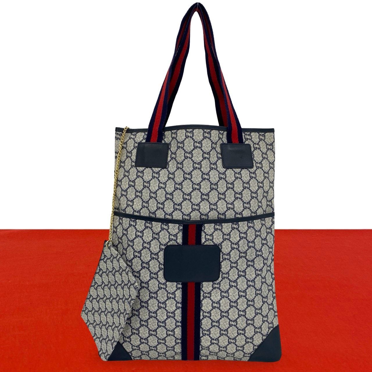 GUCCI グッチ シェリーライン グッチプラス GG 柄 レザー PVC トートバッグ ネイビー
 78199