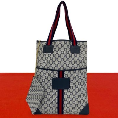 GUCCI グッチ シェリーライン グッチプラス GG 柄 レザー PVC トートバッグ ネイビー
78199