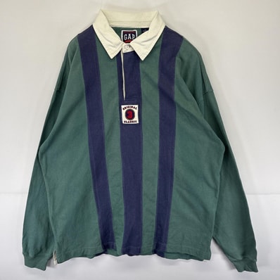 古着 ギャップ GAP 長袖 ラガーシャツ オールドギャップ ワンポイントワッペン ストライプ ポロシャツ XL グリーン メンズ