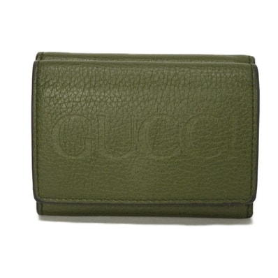 GUCCI グッチ ロゴ エンボス ミニ ウォレット シボ カーフ カーキ スナップボタン 札入れ カードケース コインケース 財布 フォレストグリーン 三つ折り財布 736151 0E8IG 3352