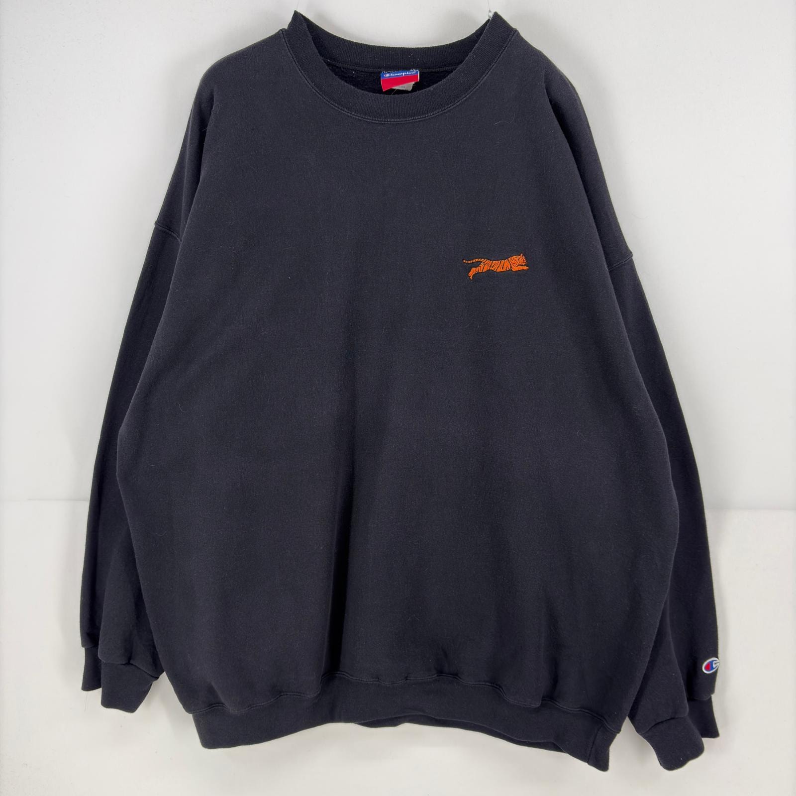 古着 チャンピオン Champion スウェット プルオーバー 刺繍 クルーネック 大きいサイズ トレーナー 虎 タイガー 2XL  ブラック メンズ