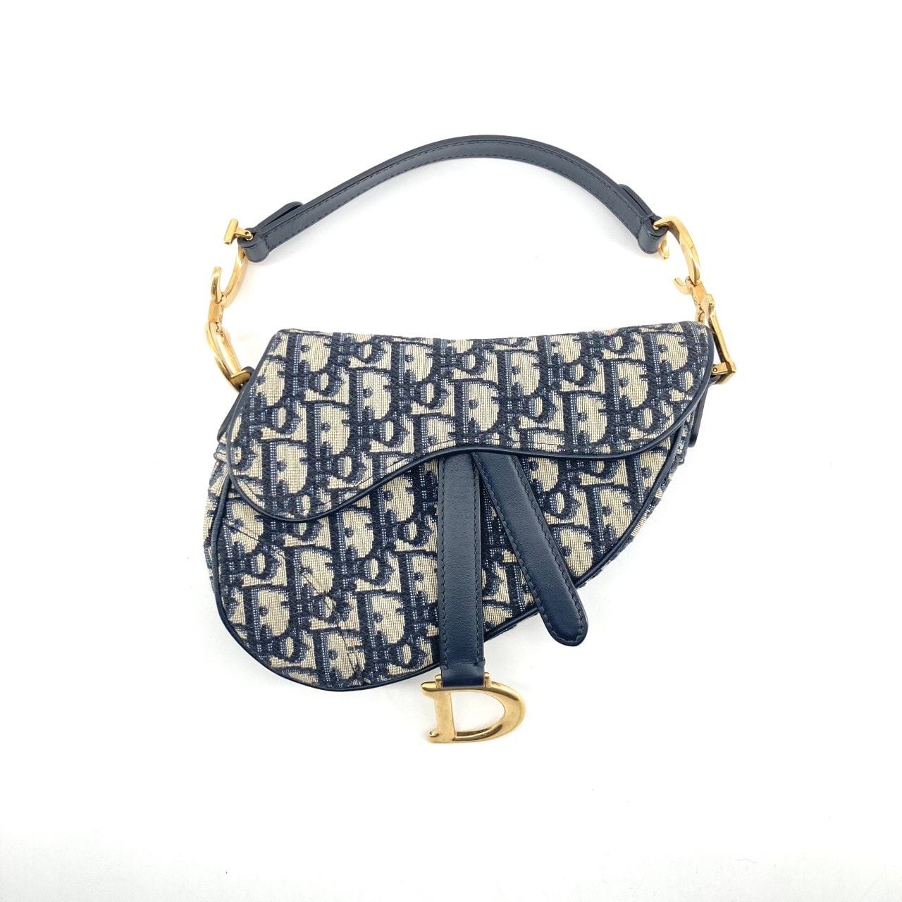 Christian Dior(クリスチャンディオール) トロッター サドル ゴールドDストラップ ハンドバッグ ネイビー×ゴールド