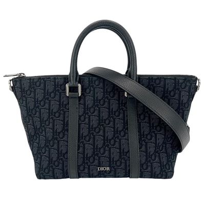 Christian Dior クリスチャンディオール 2WAY オブリーク ウィークエンダー25 ハンドバッグ ショルダーバッグ 肩掛け 斜め掛け キャンバス レザー ネイビー 紺 ゴールド金具 レディース【中古品】
