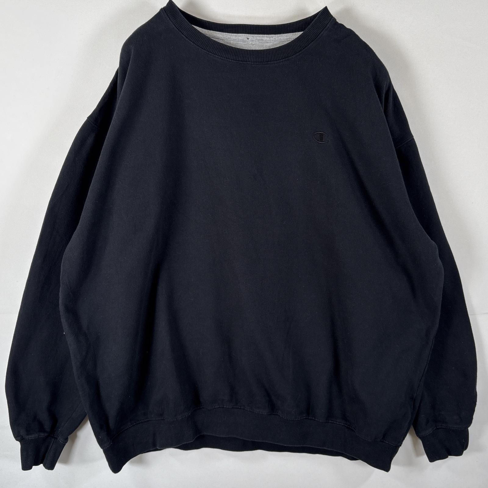 古着 チャンピオン Champion スウェット トレーナー 大きいサイズ プルオーバー  ワンポイントロゴ刺繍 ワッペン 3XLT  ブラック メンズ