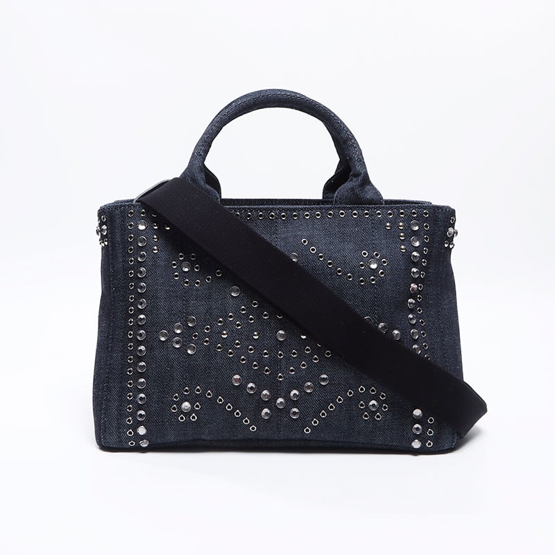 プラダ PRADA カナパ スタッズ デニム S ハンドバッグ【中古】