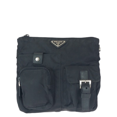 美品 PRADA プラダ テスート 三角ロゴプレート ブラック 黒 シルバー金具 ナイロン レザー/ ボディバッグ ウエストバッグ バムバッグ 601008 【中古】