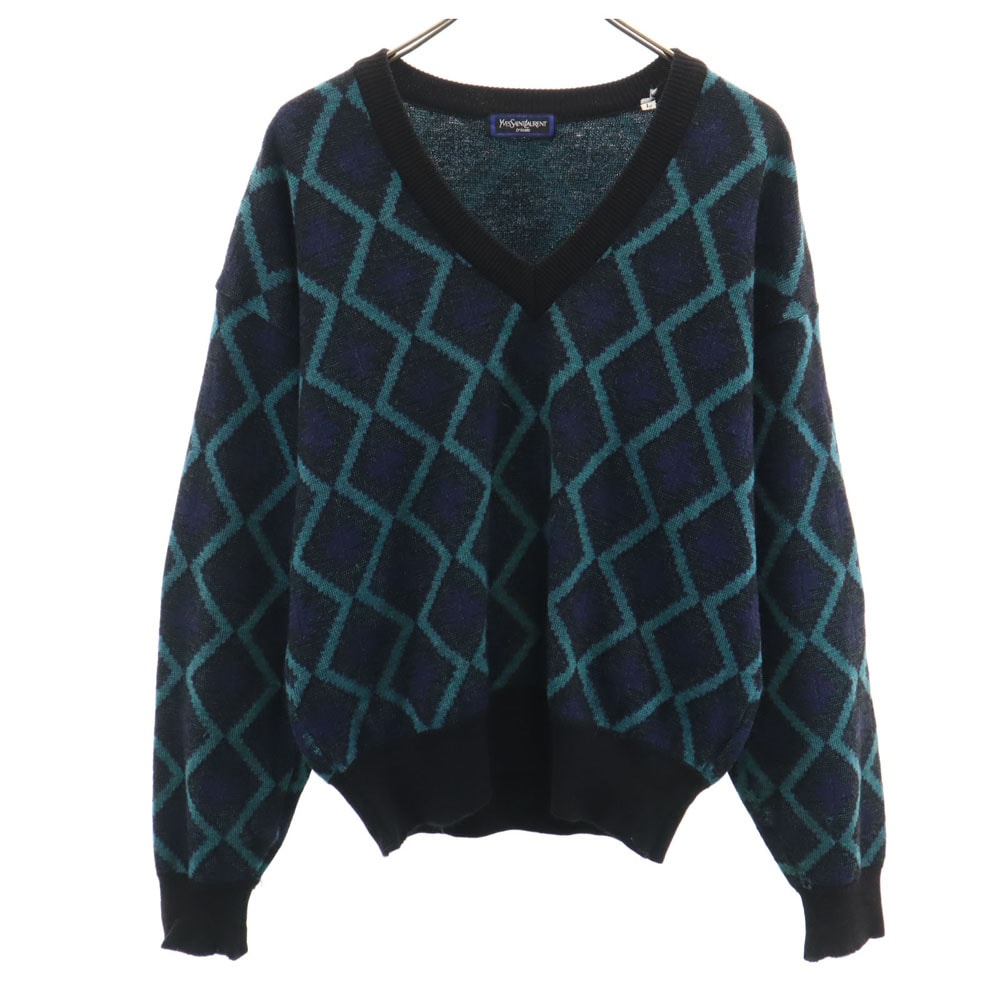 YVES SAINT LAURENT tricots イヴサンローラントリコット 90s オールド ウールブレンド モヘア混 アーガイル柄 長袖 Vネック セーター L