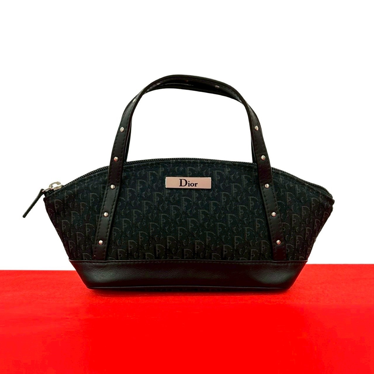 Christian Dior ディオール トロッター 柄 ロゴ 金具 キャンバス レザー ハンドバッグ ブラック
 35379