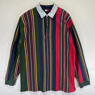 古着 90's/90年代 トミーヒルフィガー TOMMY HILFIGER 長袖 ラガーシャツ ストライプ ワンポイントロゴ M マルチカラー メンズ