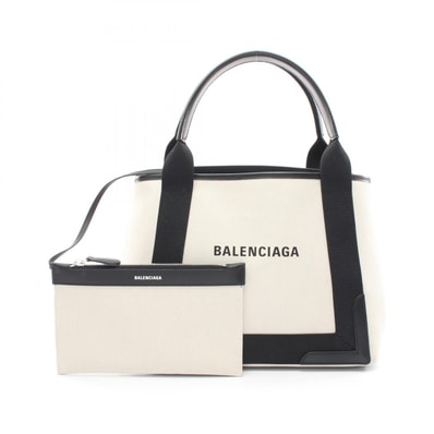 バレンシアガ BALENCIAGA NAVY CABAS S ネイビーカバ トートバッグ バッグ キャンバス レザー レディース ホワイト系 / ブラック系 339933 【中古】