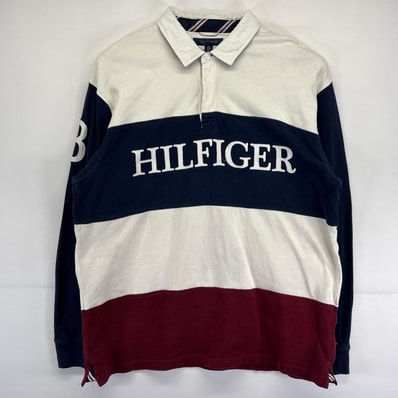 古着 トミーヒルフィガー TOMMY HILFIGER 長袖 ポロシャツ 大きいサイズ ラガーシャツ ビッグロゴ刺繍デザイン 2XL ホワイト メンズ