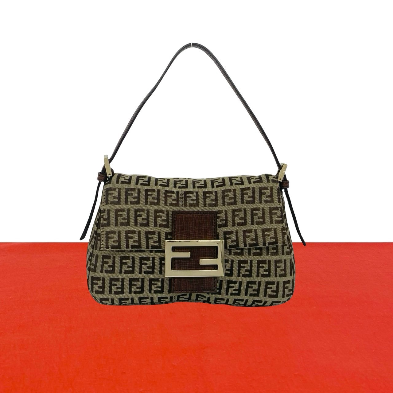FENDI フェンディ ズッキーノ FF 柄 キャンバス レザー ハンドバッグ ブラウン
 44530