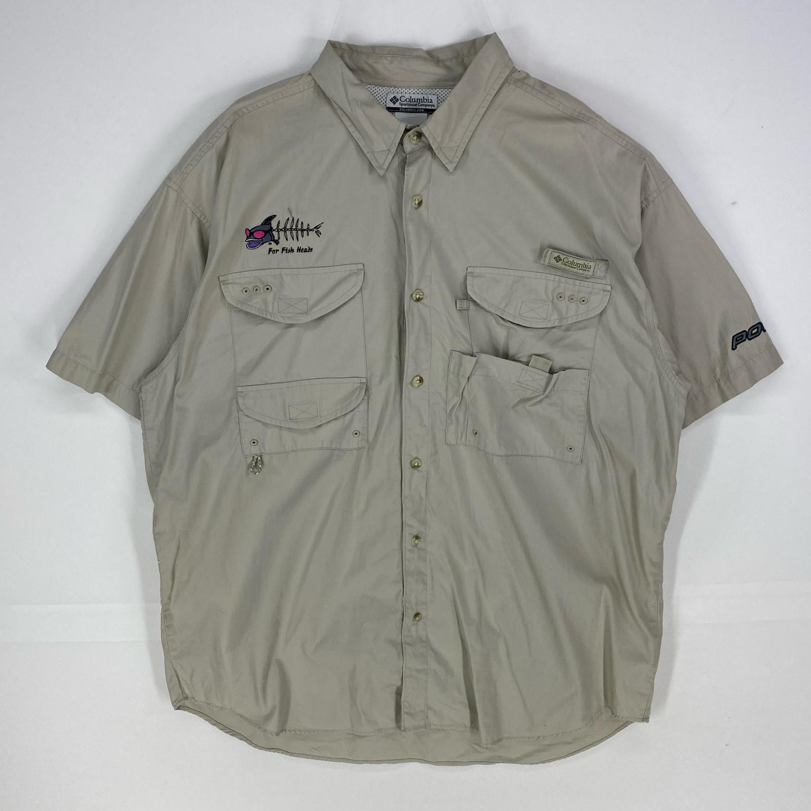 古着 コロンビア Columbia 半袖シャツ フィッシング PFG ショートスリーブ アウトドア ワッペン L ベージュ系 メンズ