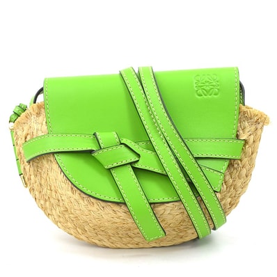 ロエベ LOEWE 斜め掛けショルダーバッグ ミニ ゲート ラフィア/レザー ナチュラル/ライトグリーン レディース【中古】 e60438i