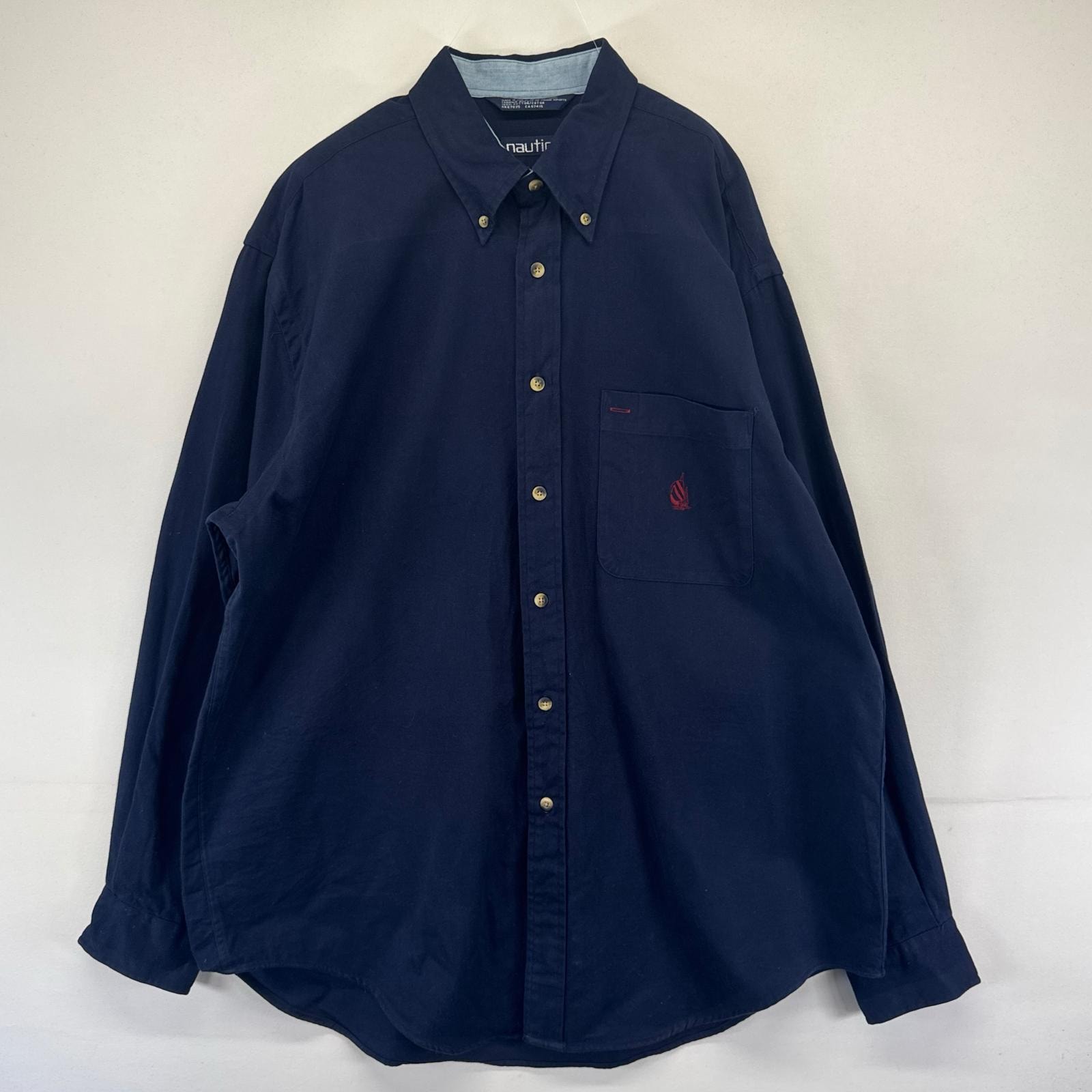 古着 ノーティカ NAUTICA USA製 長袖シャツ ボタンダウン 胸ポケット ワンポイントロゴ 旗刺繍 L  ネイビー系 メンズ