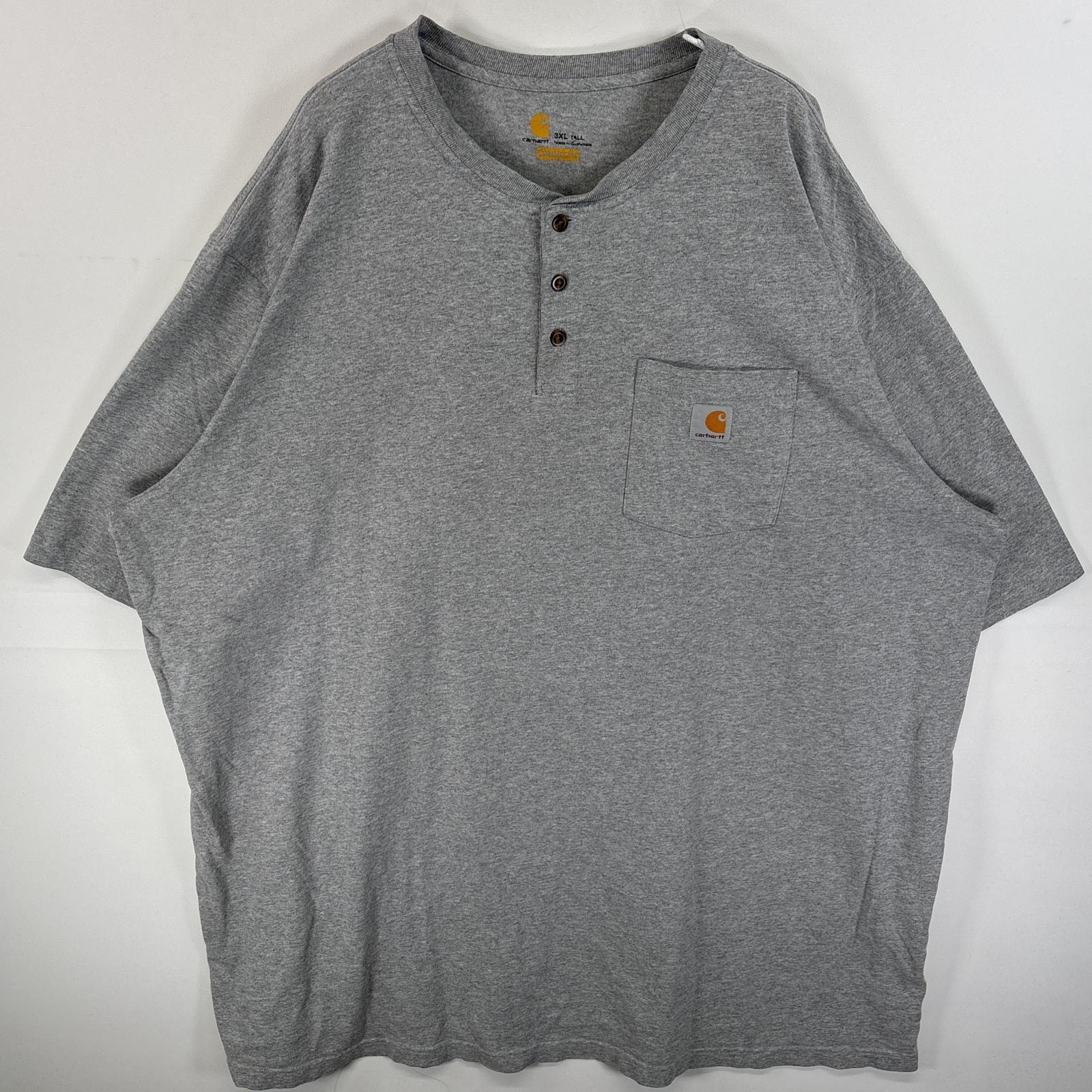 古着 カーハート Carhartt 半袖Tシャツ ヘンリーネック ワンポイント ロゴ 大きいサイズ 3XL  グレー 無地 メンズ