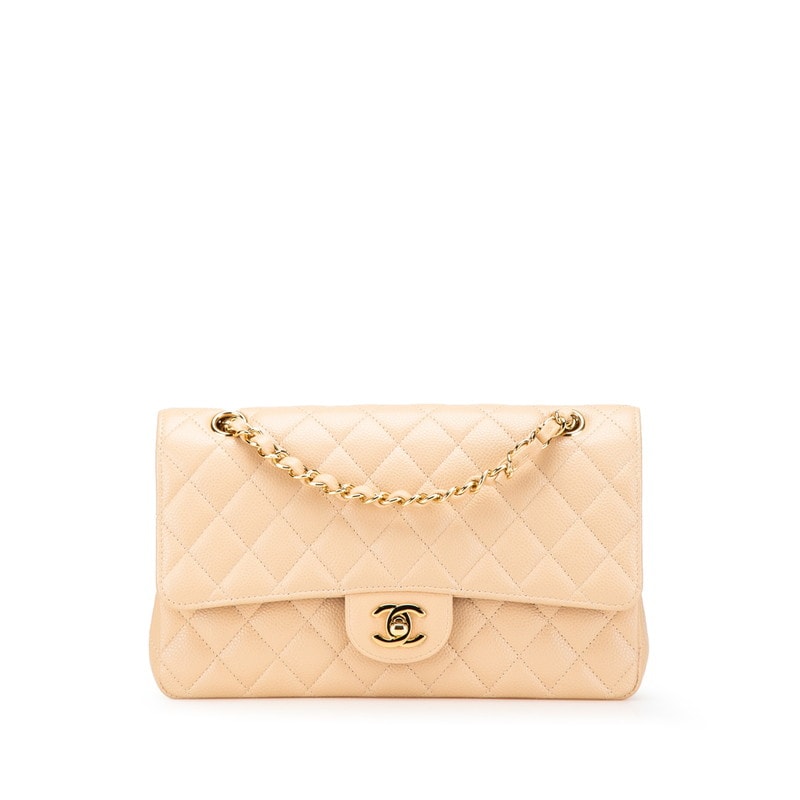 シャネル マトラッセ25 ダブルフラップ ココマーク チェーン ショルダーバッグ ベージュ キャビアスキン レディース CHANEL 【中古】