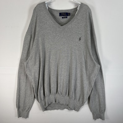 古着 ポロ・ラルフローレン POLO RALPH LAUREN 長袖 セーター Vネック ロゴ 刺繍 大きいサイズ XL グレー 無地 メンズ