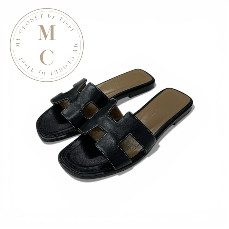 エルメス HERMES オラン サンダル 靴 シューズ レザー ブラック フラットサンダル ミュール