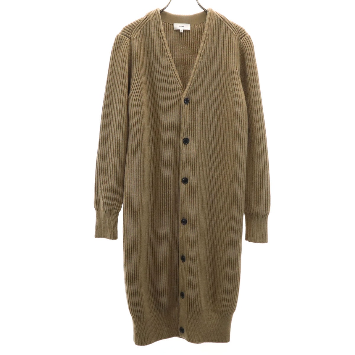 HYKE ハイク 長袖 Vネック リブ ニットカーディガン 1 ベージュブラウン ロング丈