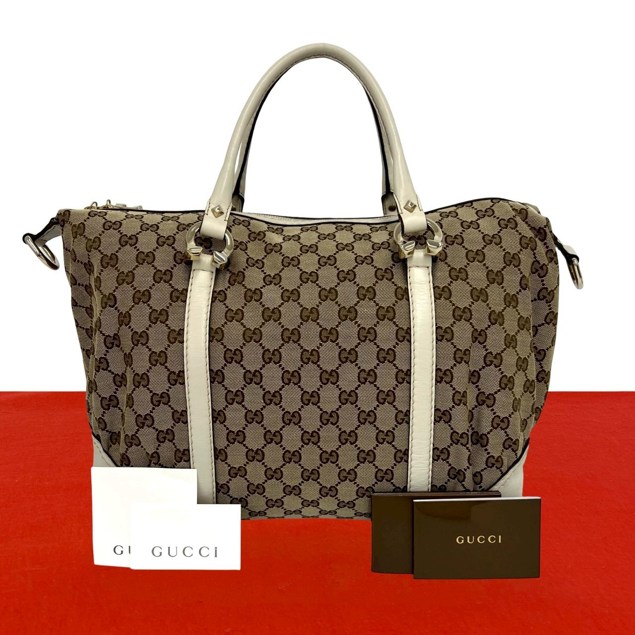 GUCCI グッチ GG 柄 ホースシュー 金具 キャンバス レザー ボストンバッグ ブラウン
19454