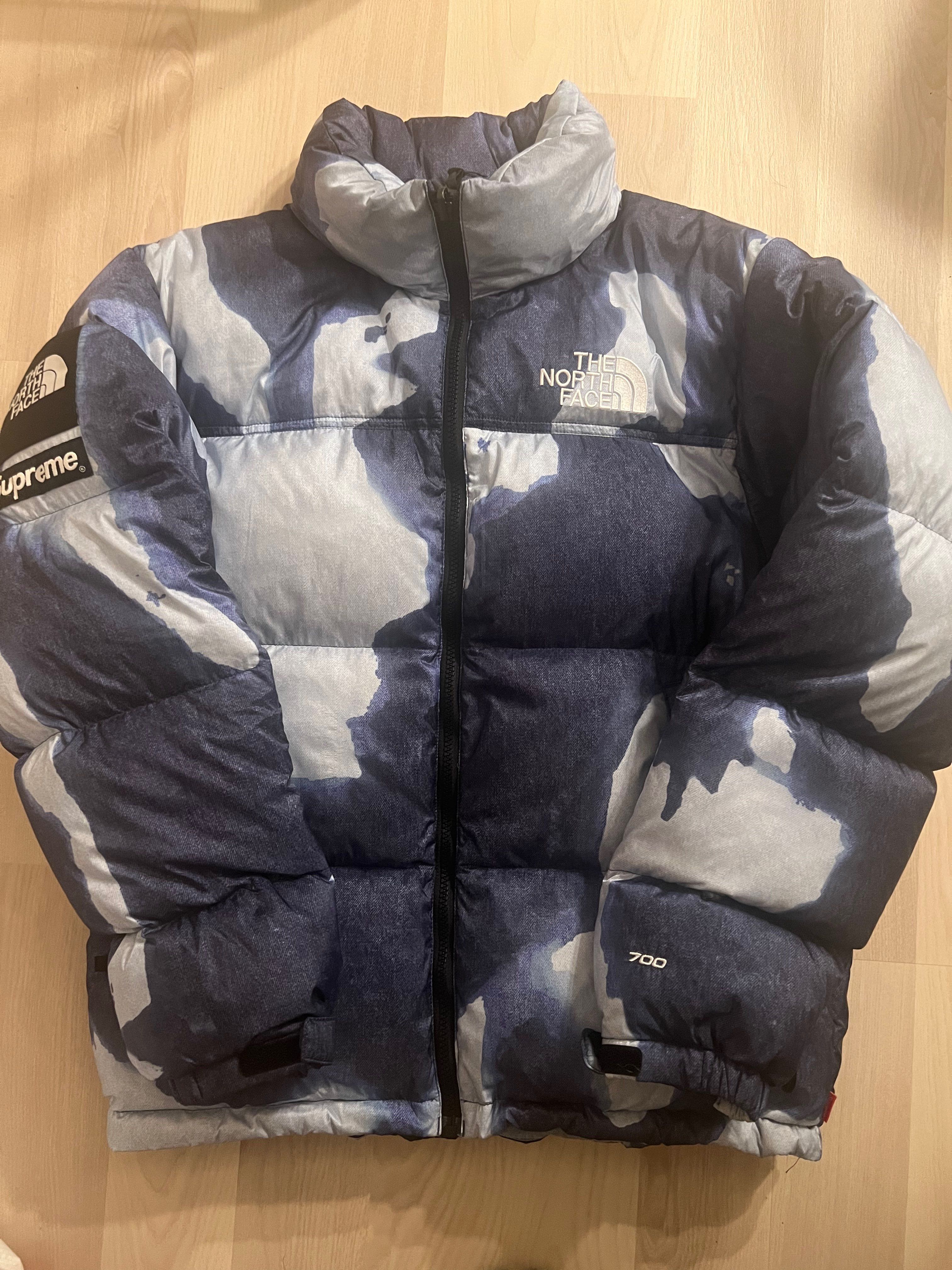 Supreme x The North Face Bleached Denim Print Nuptse Jacket "Indigo"