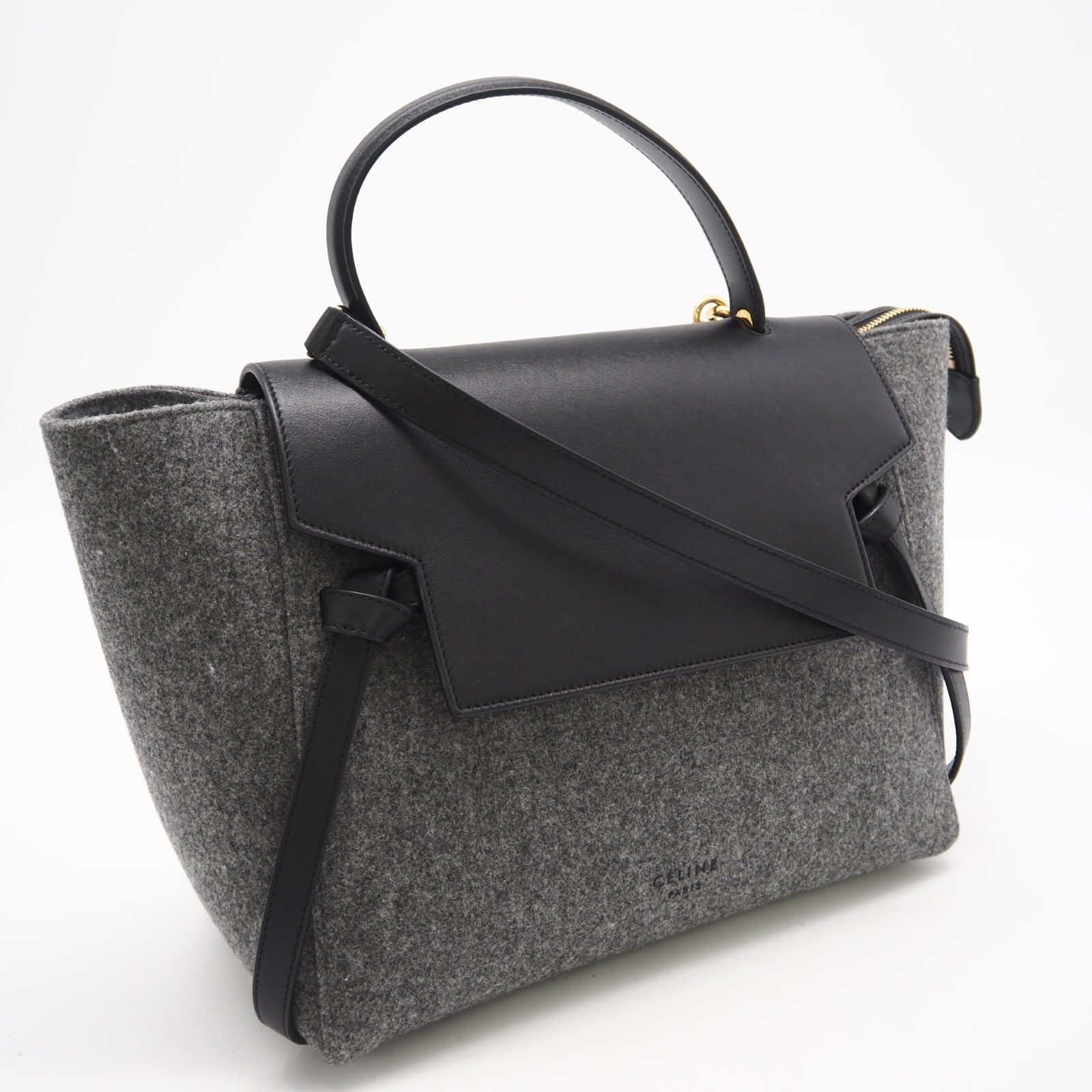 美品 CELINE セリーヌ フェルト レザー ベルトバッグマイクロ - 2wayハンドバッグ グレー ブラック レザー レディース