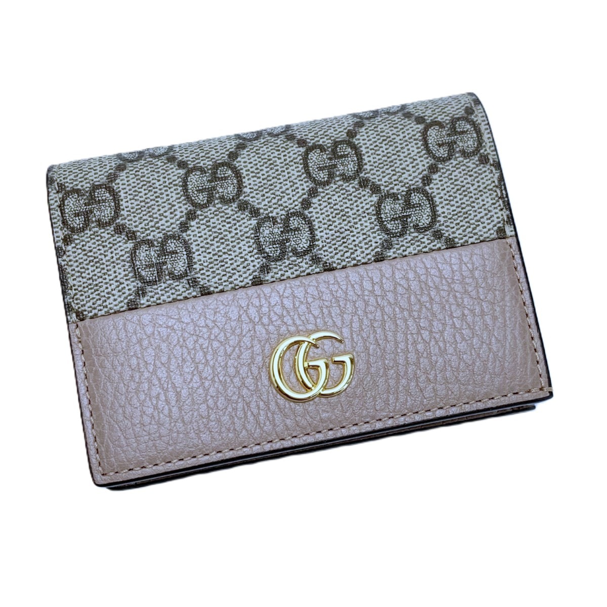 GUCCI グッチ 2つ折り財布 ダブルG バイカラー スモールウォレット 658610 ピンクベージュ×ベージュ イニシャル入:Y 袋有