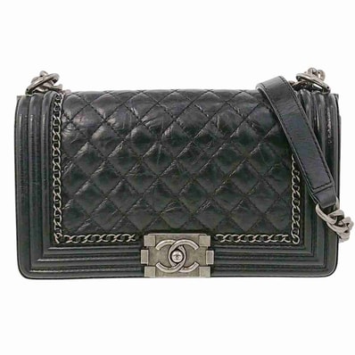 CHANEL シャネル ボーイシャネル 25 エイジド カーフスキン ショルダーバッグ A67086 23番台 カーフ シワ加工 ブラック シルバー ガンメタ レディース【中古】