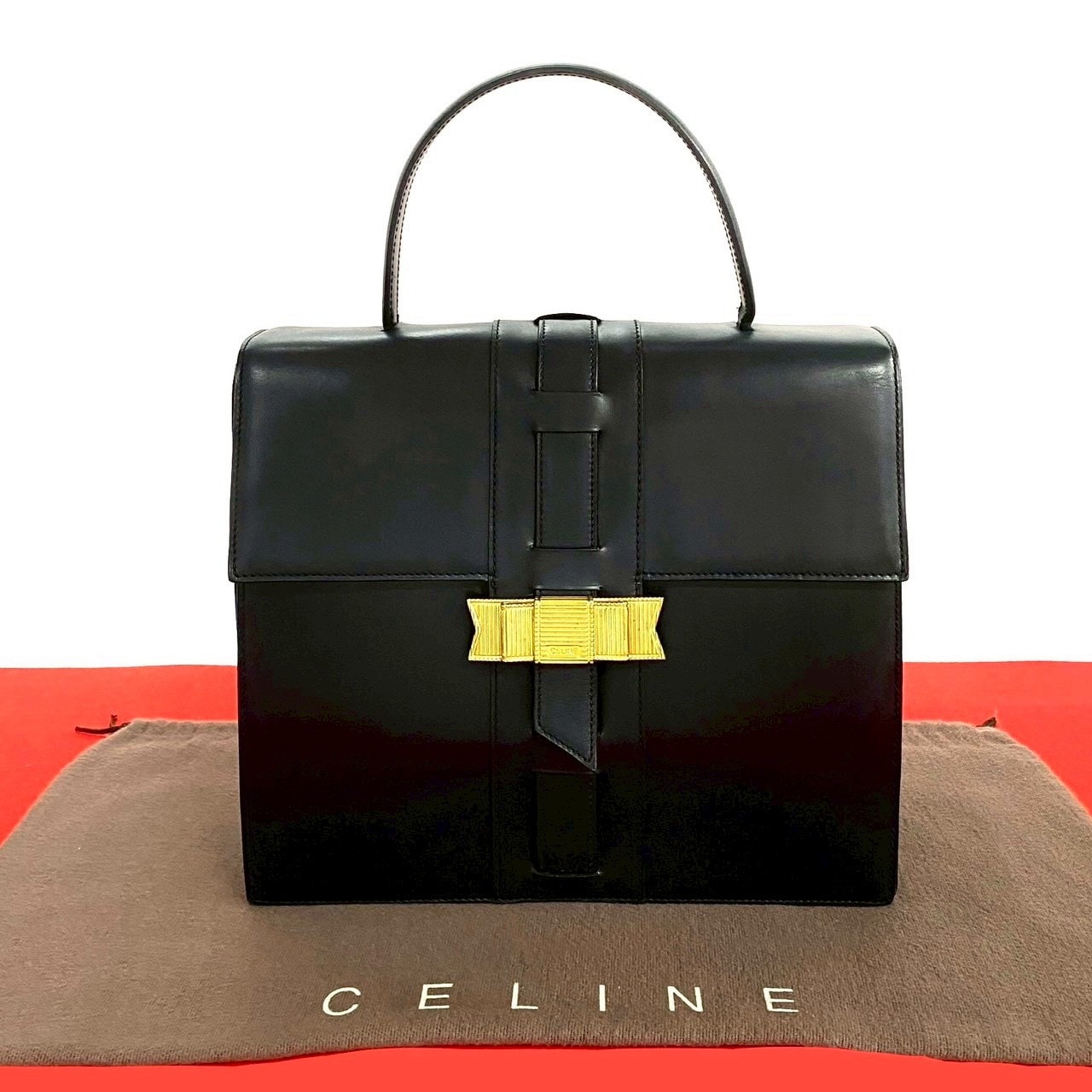 CELINE セリーヌ ロゴ リボン 金具 レザー ハンドバッグ ブラック
 53074