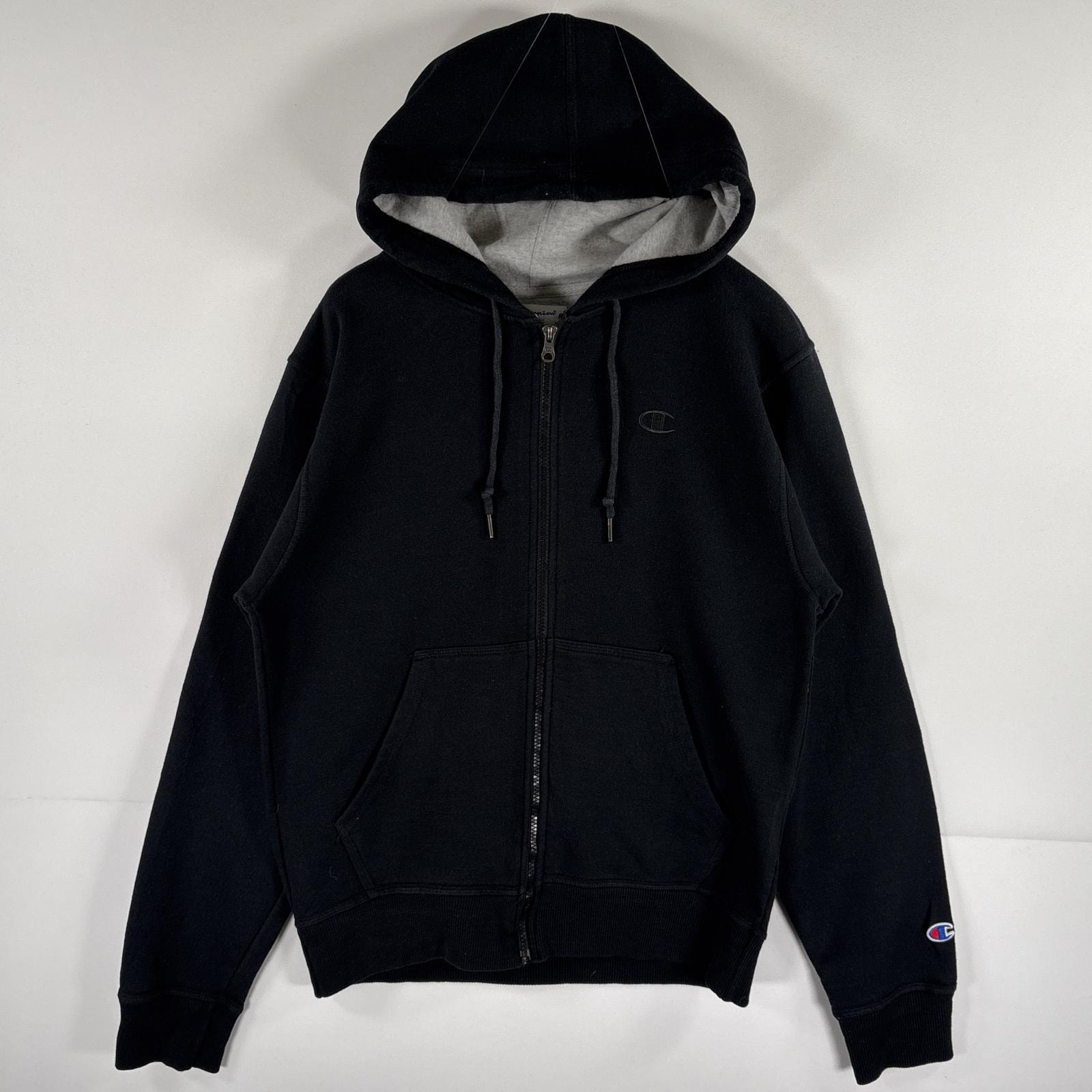 古着 チャンピオン Champion パーカー スウェット フルジップ ワッペン ワンポイントロゴ刺繍 フーディ S  ブラック メンズ