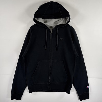 古着 チャンピオン Champion パーカー スウェット フルジップ ワッペン ワンポイントロゴ刺繍 フーディ S ブラック メンズ