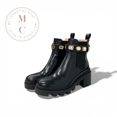 グッチ GUCCI ブーツ ショートブーツ 靴 シューズ レザー ブラック 黒 未使用 ダブルG ビジュー ベルト サイドゴア GGマーモント