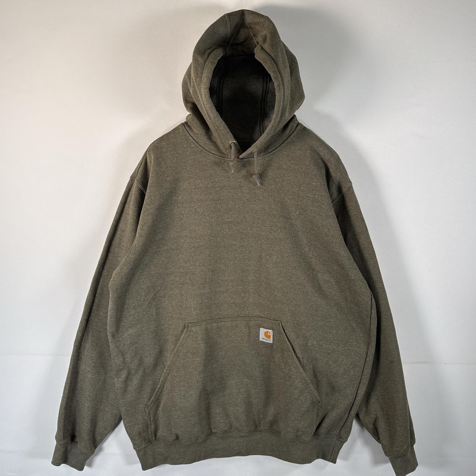 古着 カーハート Carhartt パーカー プルオーバー 袖ロゴプリント ワンポイント フーディ マフポケット L  カーキ系 メンズ