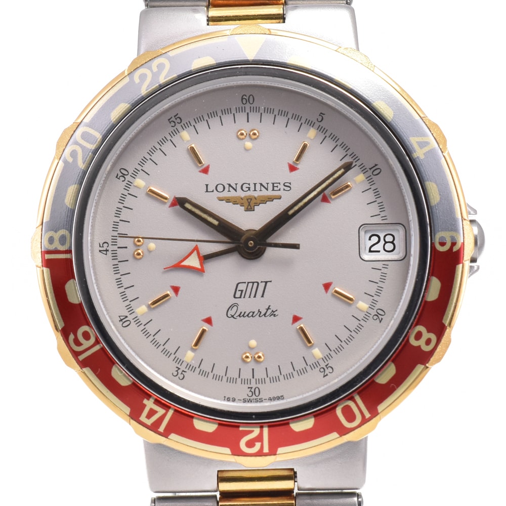 ロンジン LONGINES ヴィンテージ コンクエスト GMT デイト グレー クォーツ メンズ 良品 腕時計 E#147246