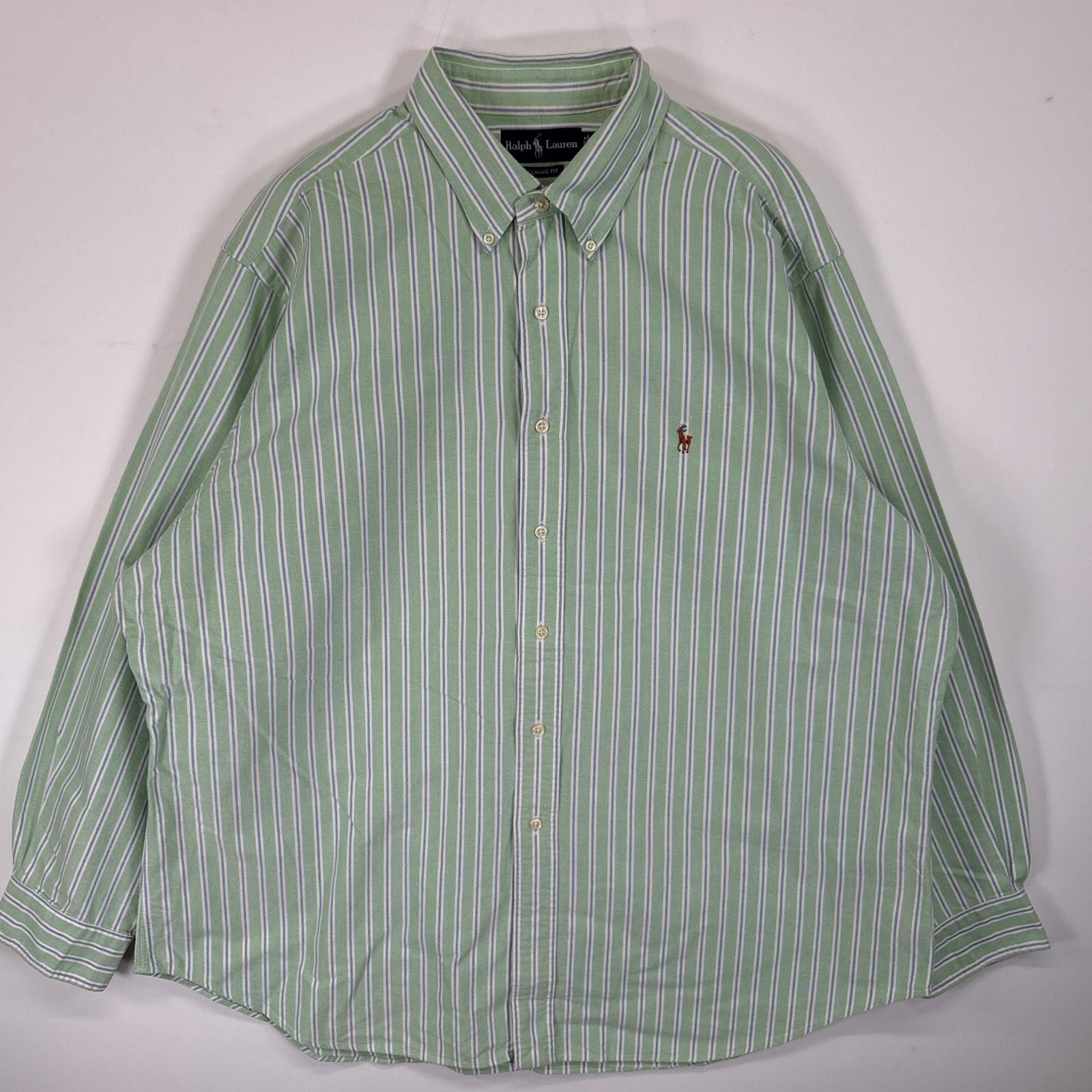 古着 ラルフローレン RALPH LAUREN 長袖シャツ ボタンダウンシャツ ワンポイント 刺繍 ロゴ 大きいサイズ 18 XL  グリーン系 ストライプ メンズ