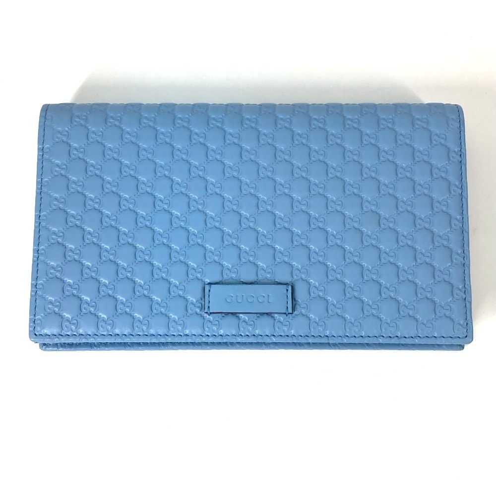 グッチ GUCCI ショルダーウォレット 466507 マイクログッチシマ 二つ折り 長財布 斜め掛け カバン 3WAY ショルダーバッグ レザー ブルー 新品同様