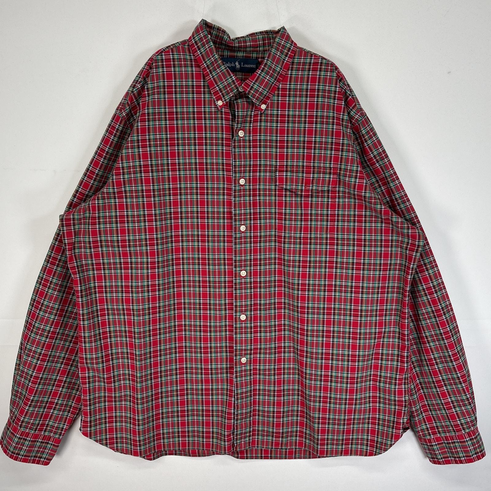 古着 90's/90年代 ラルフローレン RALPH LAUREN 長袖シャツ ポニー無し チェック柄 フラップポケ 14041  レッド系 マルチカラー メンズ
