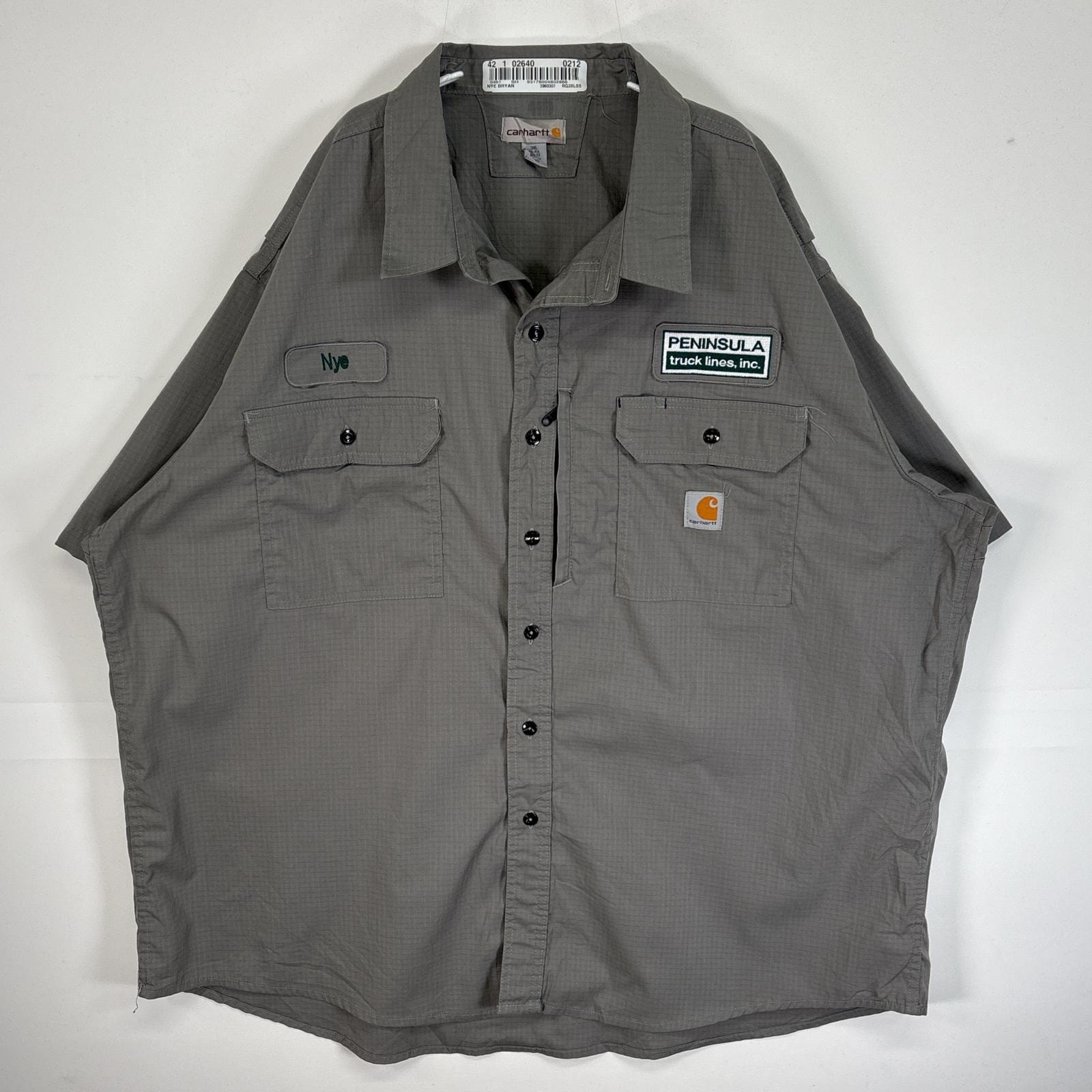 古着 カーハート Carhartt 半袖シャツ ワーク 作業着 リップストップ 大きいサイズ ワンポイント ロゴ 3XL グレー 無地 メンズ