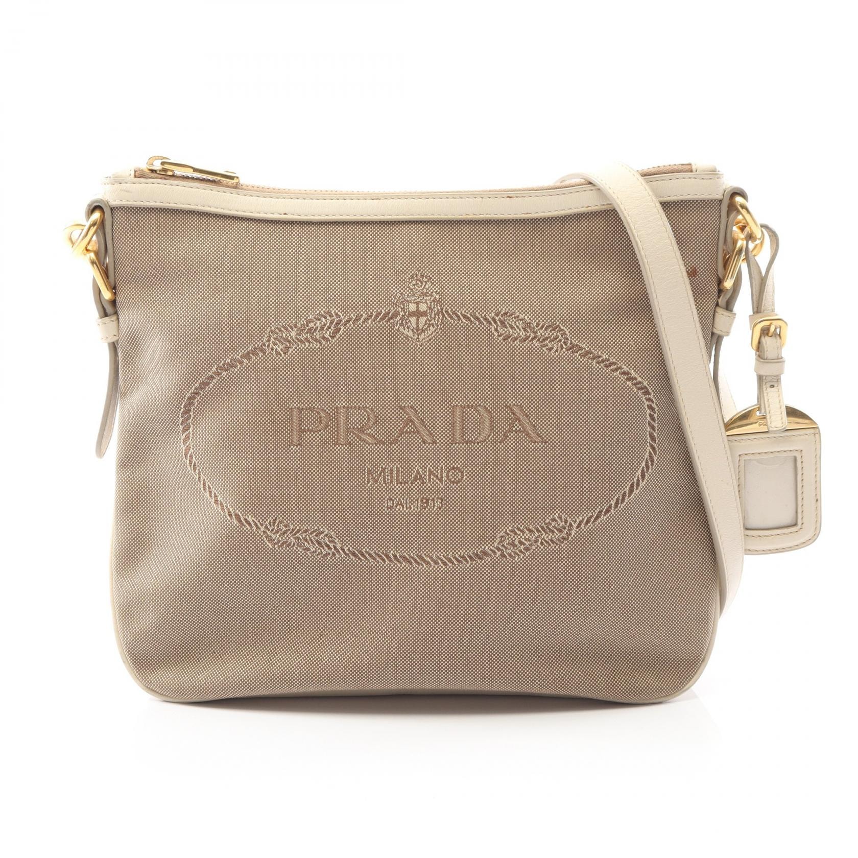 プラダ PRADA LOGO JACQUARD ロゴジャガード ショルダーバッグ バッグ キャンバス レザー レディース ブラウン系 / アイボリー系 【中古】