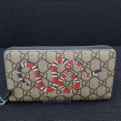 GUCCI Kingsnake Print GG Supreme Zip Around Wallet "Beige/Ebony"