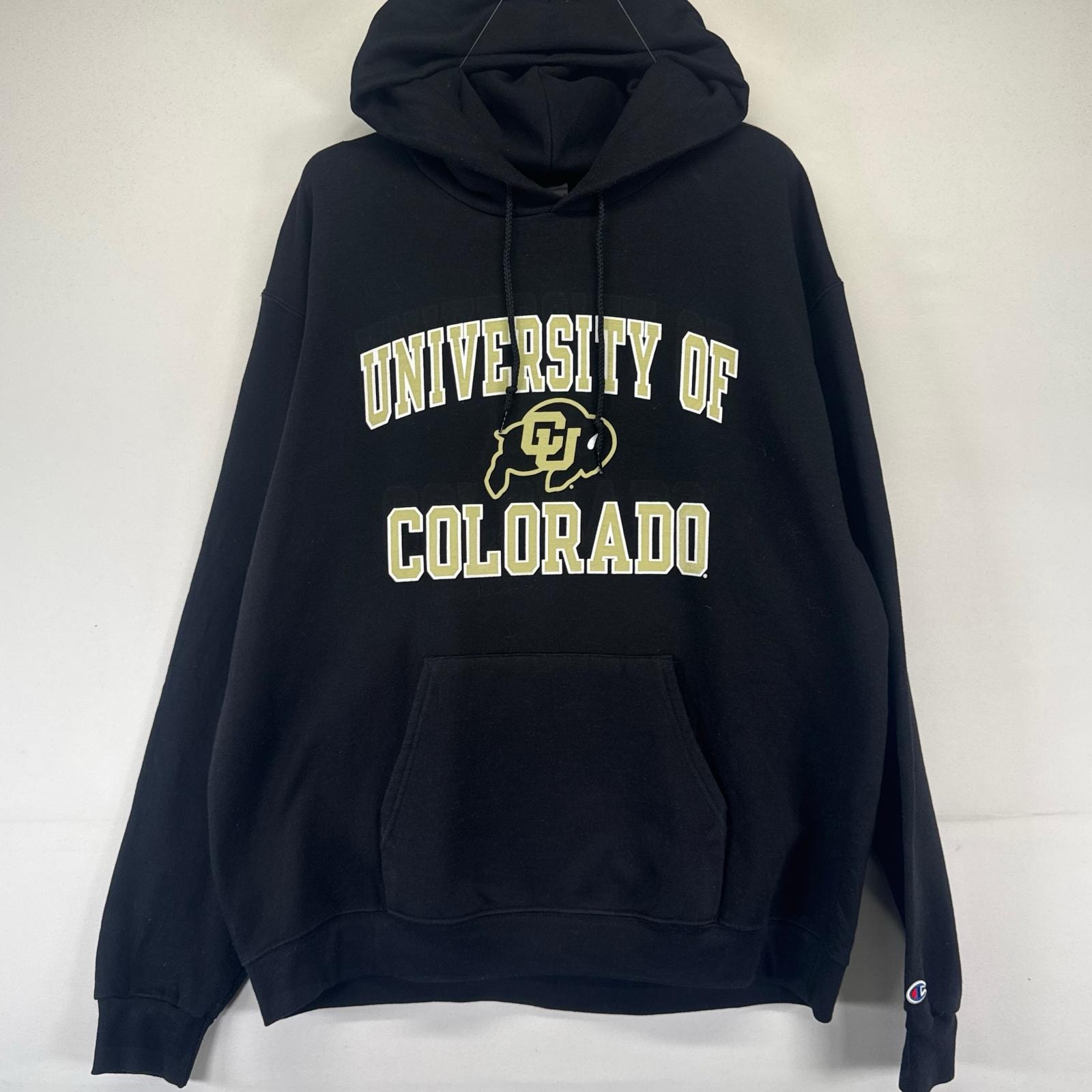 古着 チャンピオン Champion パーカー プルオーバー スウェット カレッジ ロゴ 袖ワンポイント XL  ブラック系 メンズ