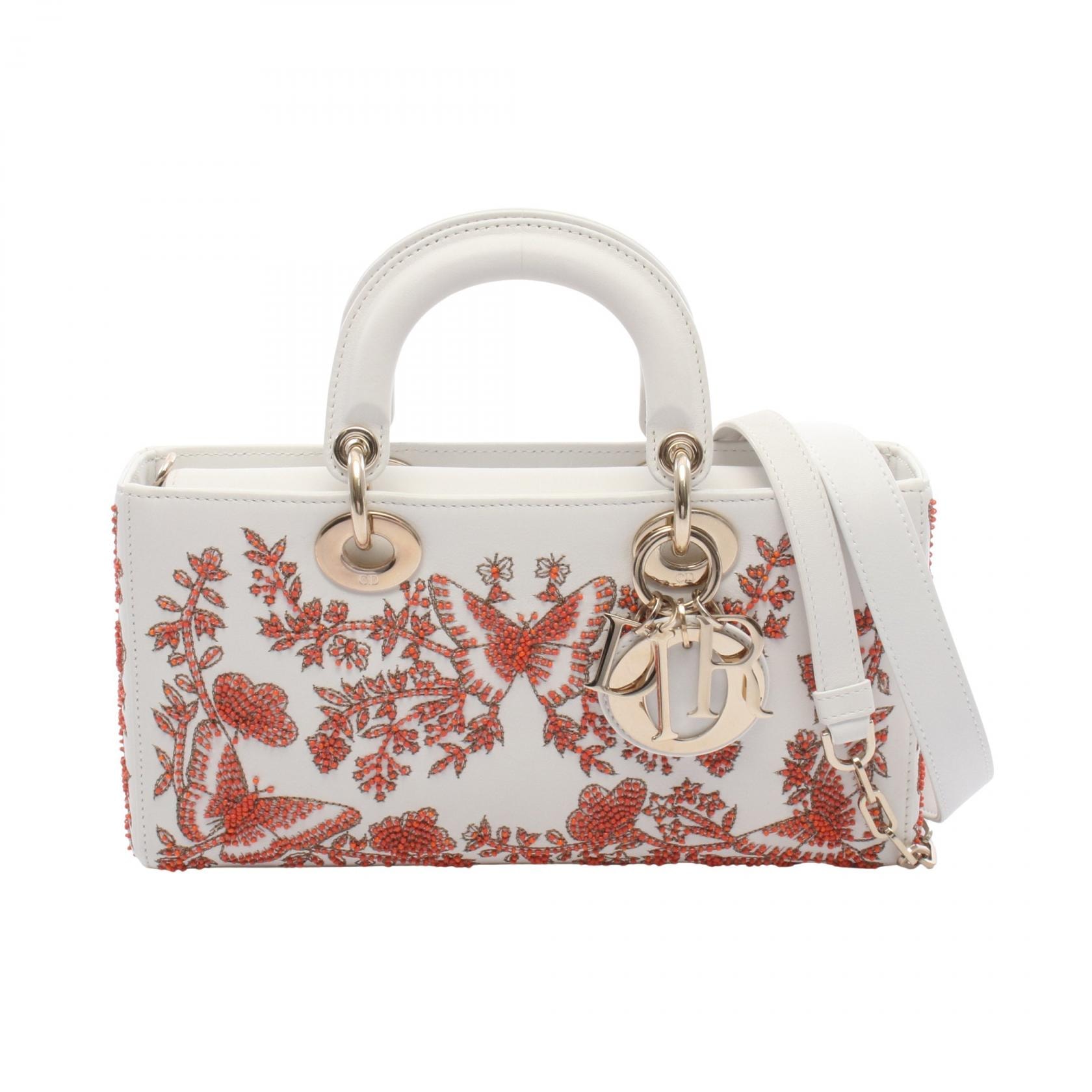 ディオール Dior LADY D-Joy ミディアム ビーズ刺繡 ハンドバッグ バッグ レザー レディース ホワイト系 / オレンジ系 【中古】