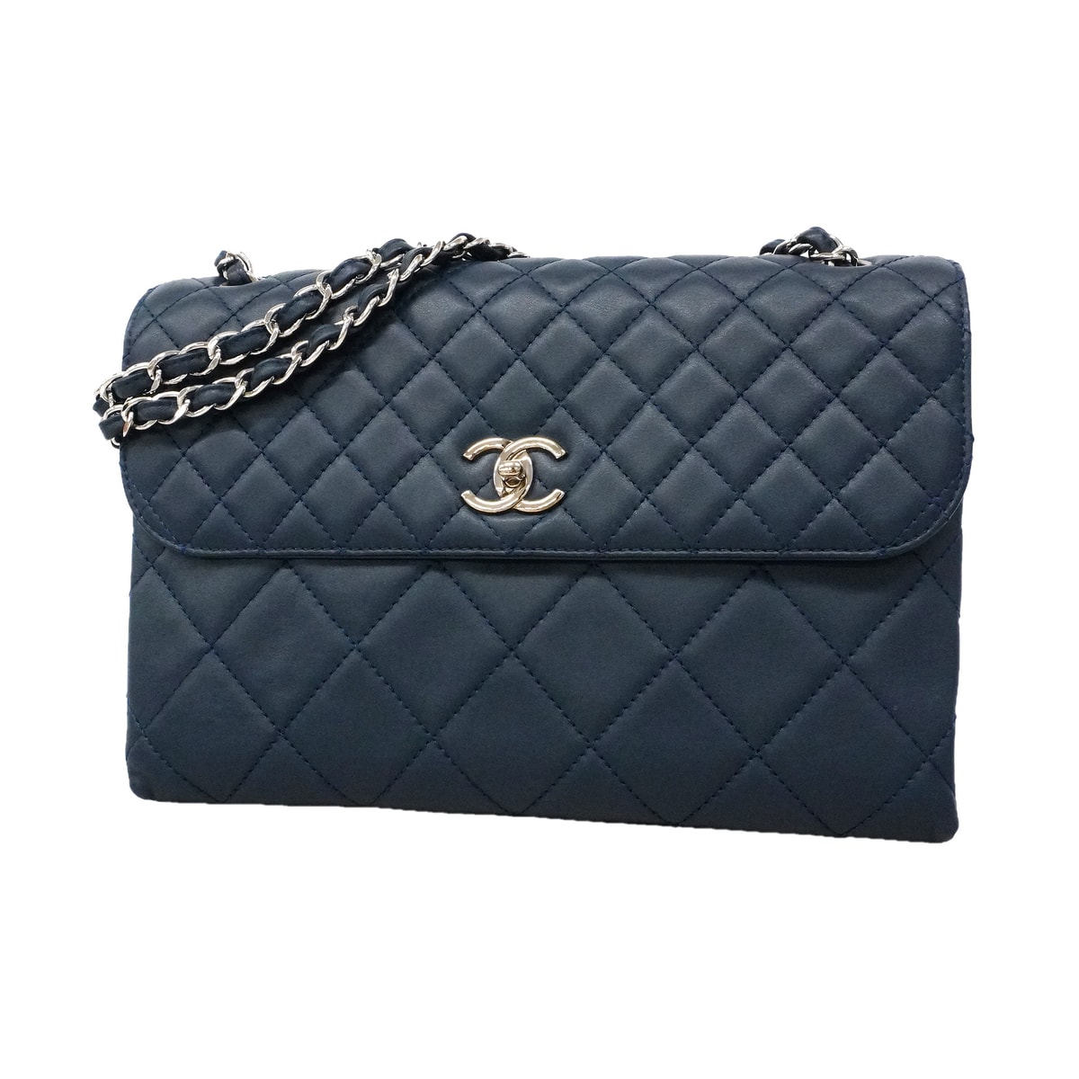 ★最終価格★SALE【6ka0292】シャネル ショルダーバッグ マトラッセ Wチェーン ラムスキン ネイビー シルバー金具【中古】レディース