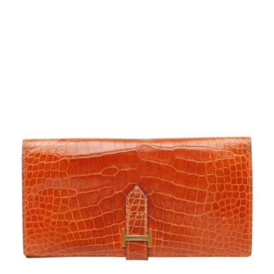 エルメス ベアンクラシック 長財布 オレンジ ゴールド金具 アリゲーター レディース HERMES 【中古】